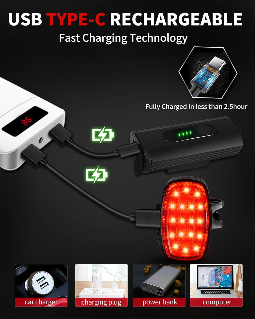 Bike Headlight Rechargeable USB-C, Bicycle Lights 4000LM | Ultra Bright, Mountain Bike Light Set for Night Riding, 6+5 Mode Waterproof Front Bike Light & Rear Light for Road, Cycling