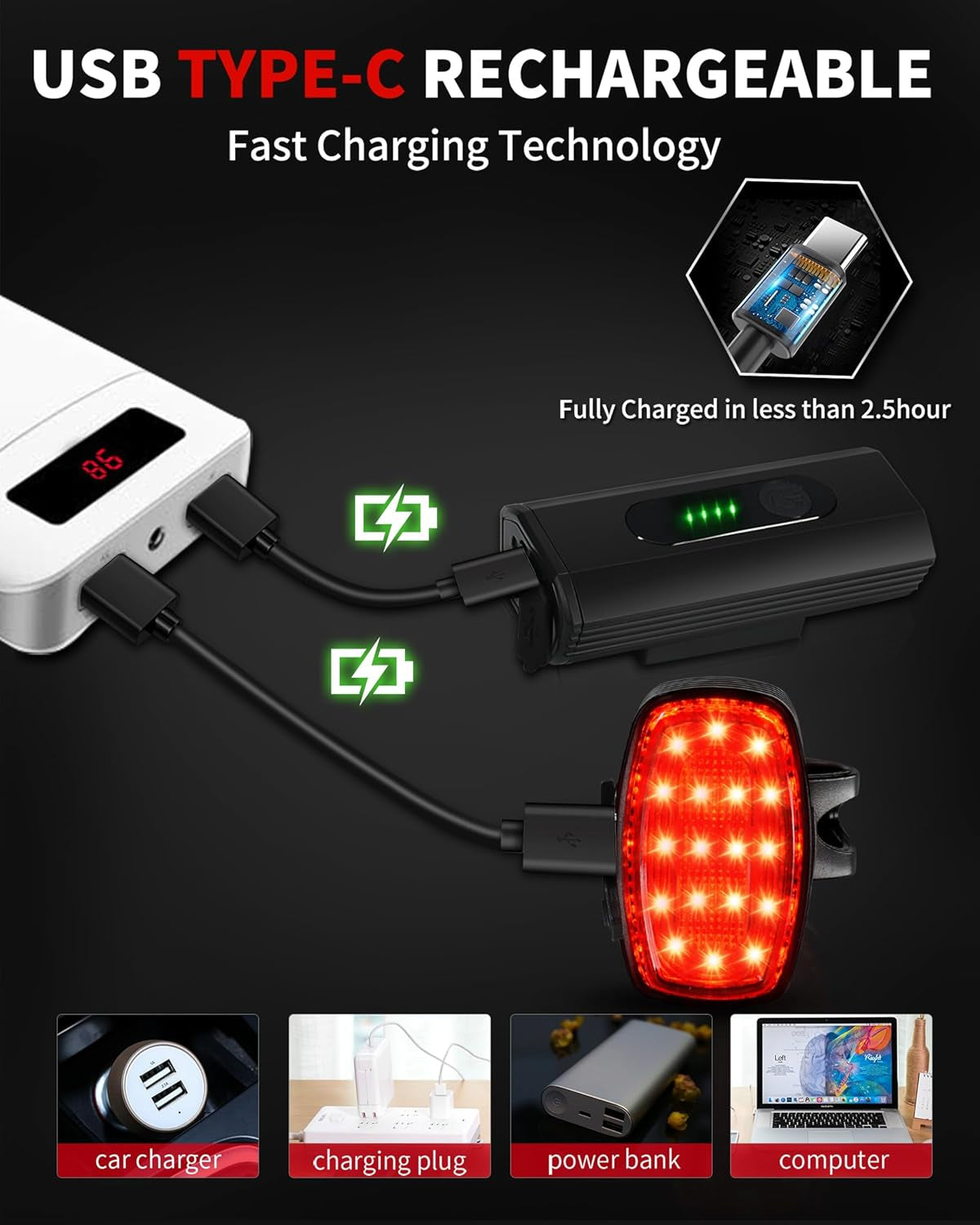 Bike Headlight Rechargeable USB-C, Bicycle Lights 4000LM | Ultra Bright, Mountain Bike Light Set for Night Riding, 6+5 Mode Waterproof Front Bike Light & Rear Light for Road, Cycling