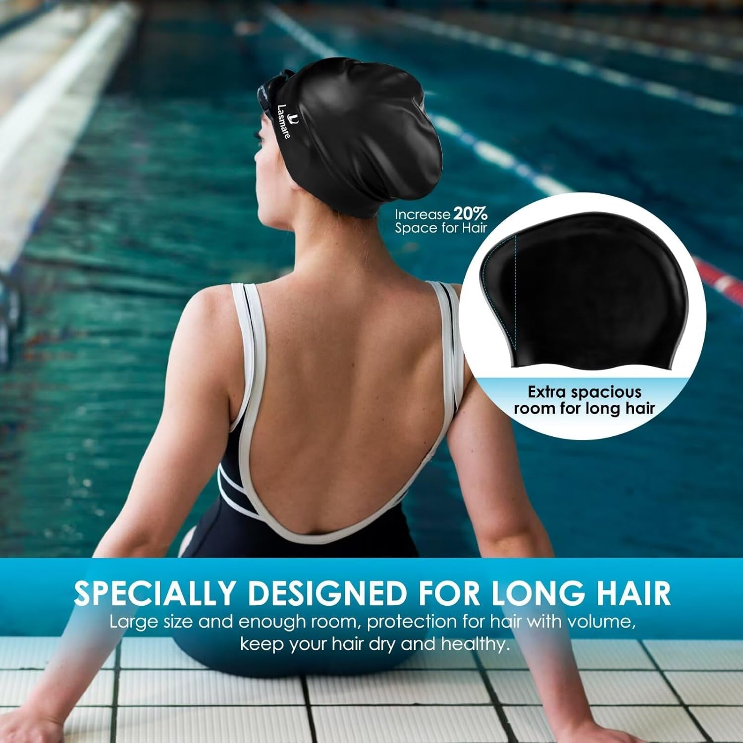 Large Long Hair Swim Cap with Extra Room for Women Men, Silicone Swimming Cap Fo