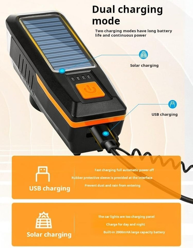 Multi-Functional Solar-Powered and USB Rechargeable Mountain Bike Night Cycling High Brightness Bike Front Light and 120Db Horn Bicycle Charging Light