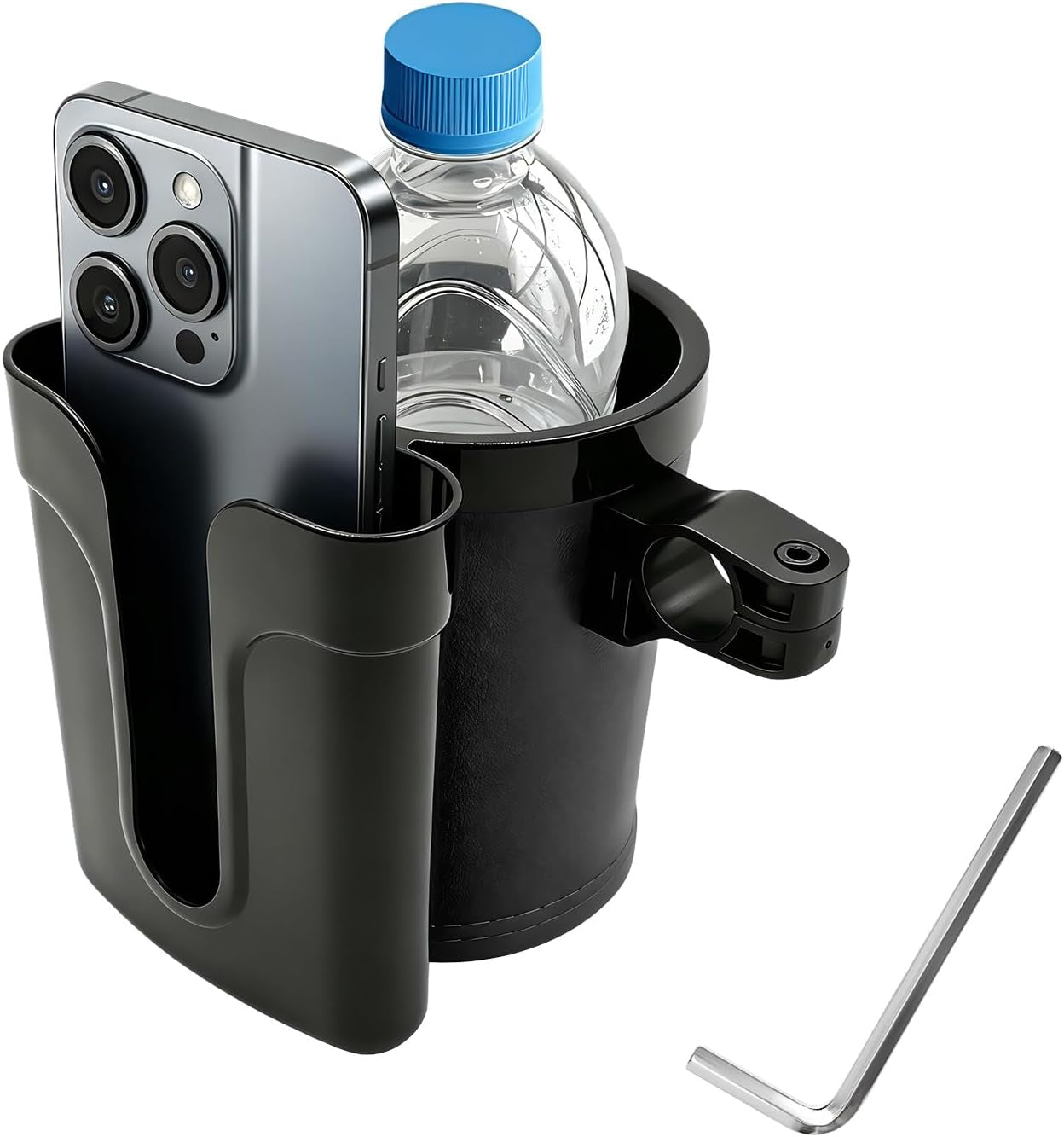Bike Cup Holder, Bicycle Handlebar Water Bottle Holders with Cell Phone Keys Holder, Universal Drink Bottle Cage for Bike Motorcycle Scooter Stroller Walker Wheelchair (Black)