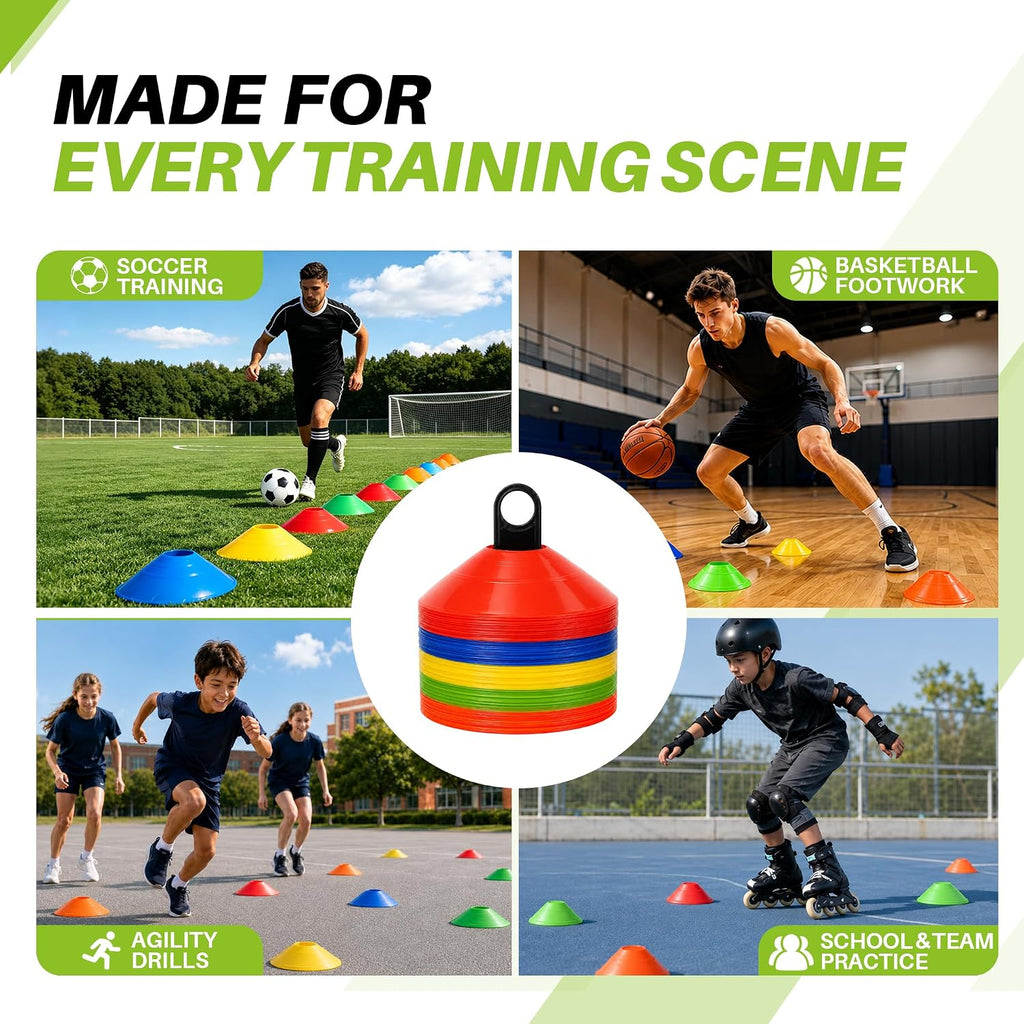 50/100PCS Soccer Cones with Carry Bag & Holder, Agility Disc Cones | 5 Color Sports Training Equipment, Football, Basketball, Speed Drills, Coaching & PE Classes