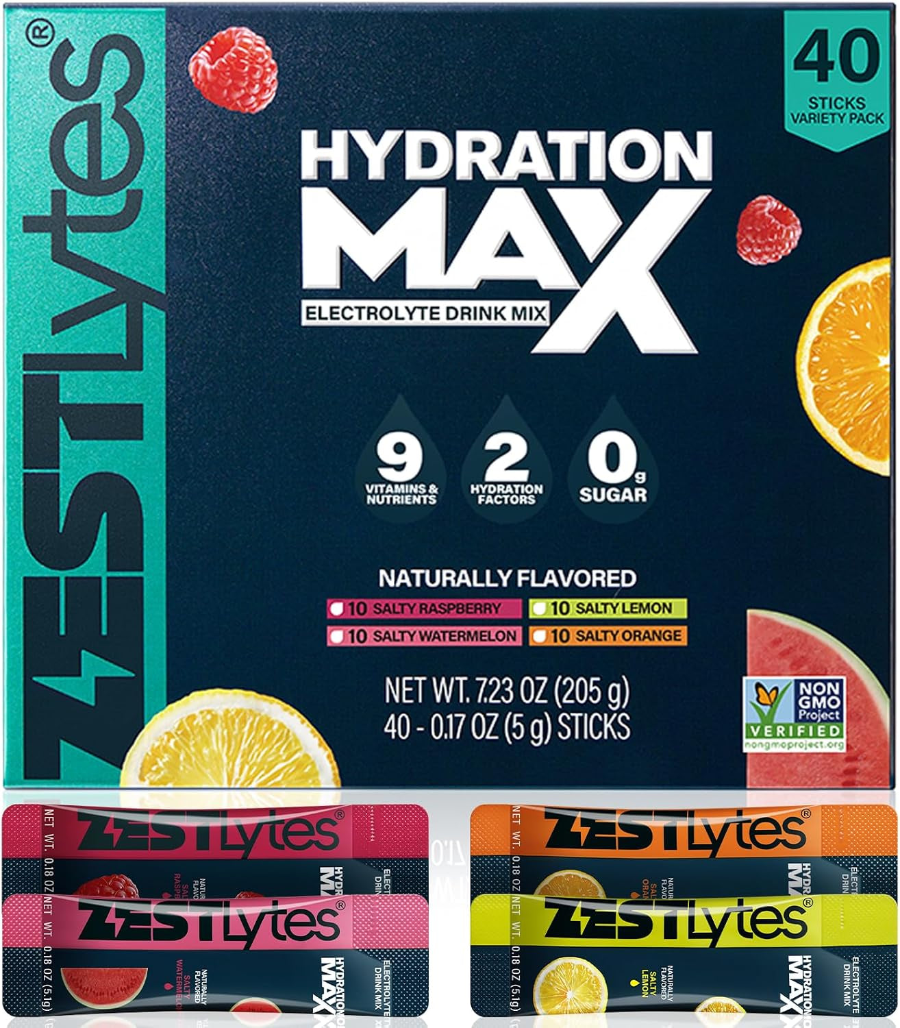 40 Sticks Salty Fruit Sugar Free Electrolyte Hydration Packets High Sodium | Low Calorie Electrolyte Powder Drink Mix, Liquid Daily IV Flavors Salty Watermelon Raspberry Lemon Orange