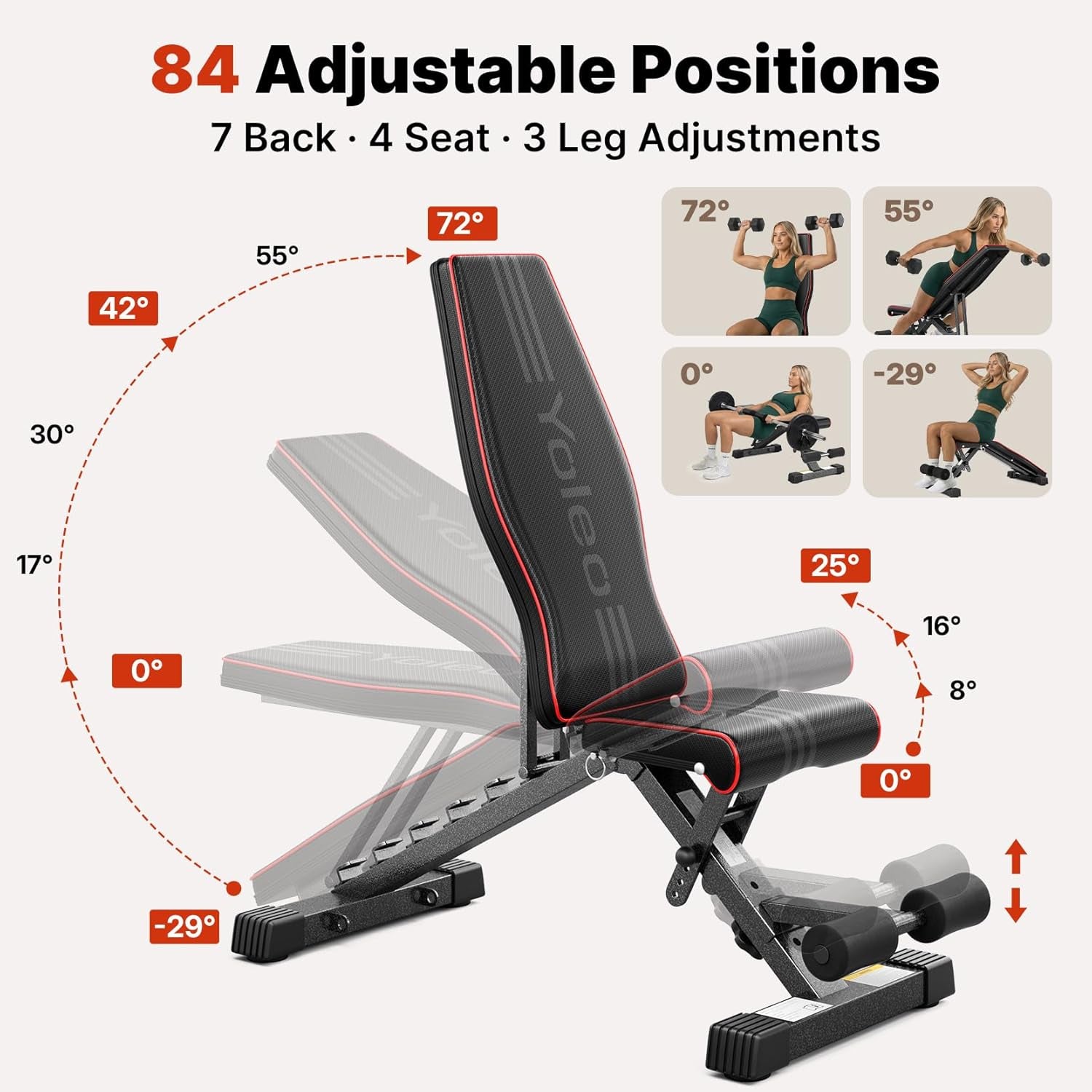 Adjustable Weight Bench for Home Gym, Astm-Certified 827LBS, 98% Pre-Assembled, Foldable Gym Bench with 84 Positions Incline Decline Flat, Wider Seat