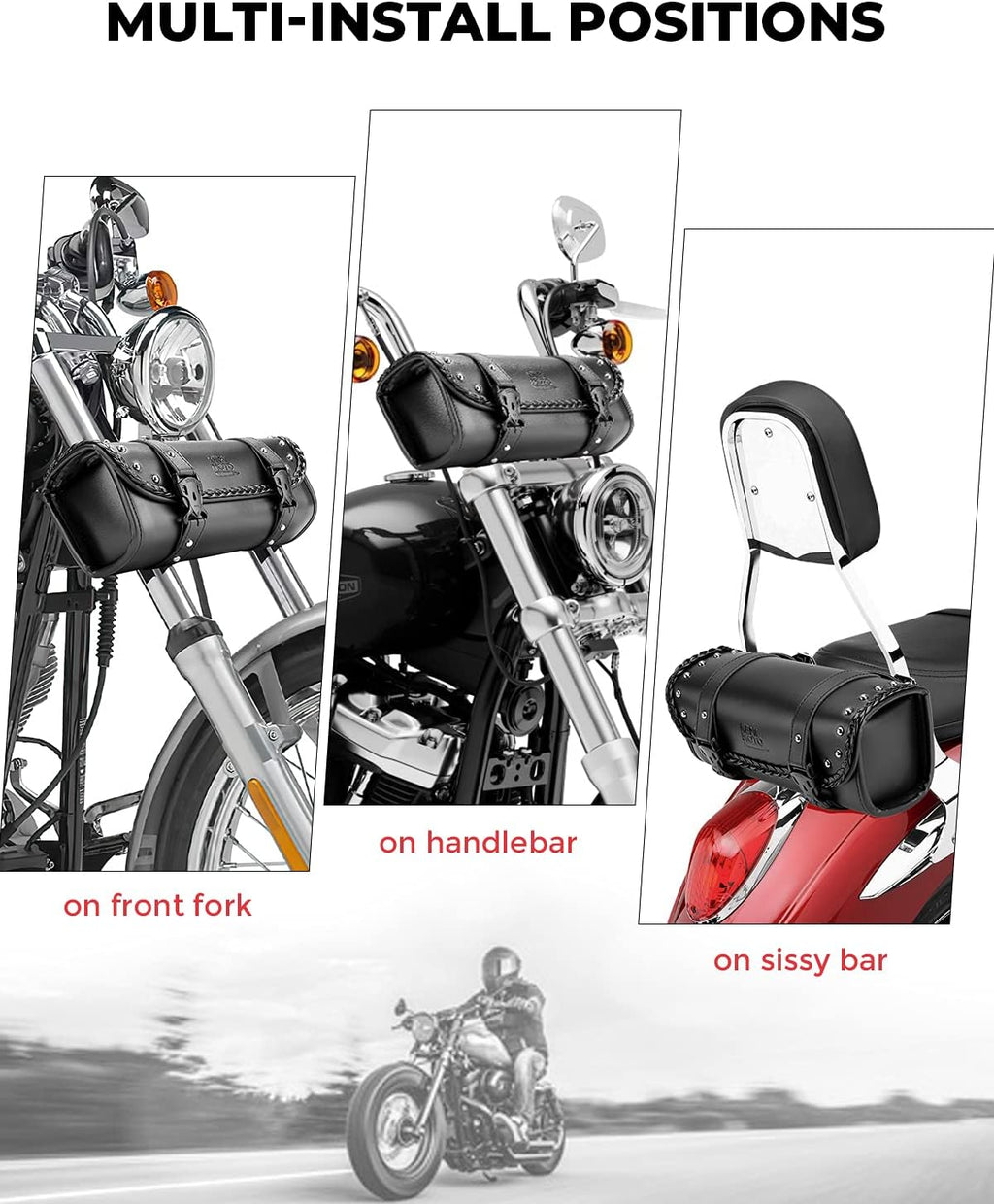 Motorcycle Tool Fork Bag PU Leather Universal | Saddlebag for Front Fork Handlebar Sissybar Storage Pouch Motorcycle Roll Bag (Black Classic Buckle)