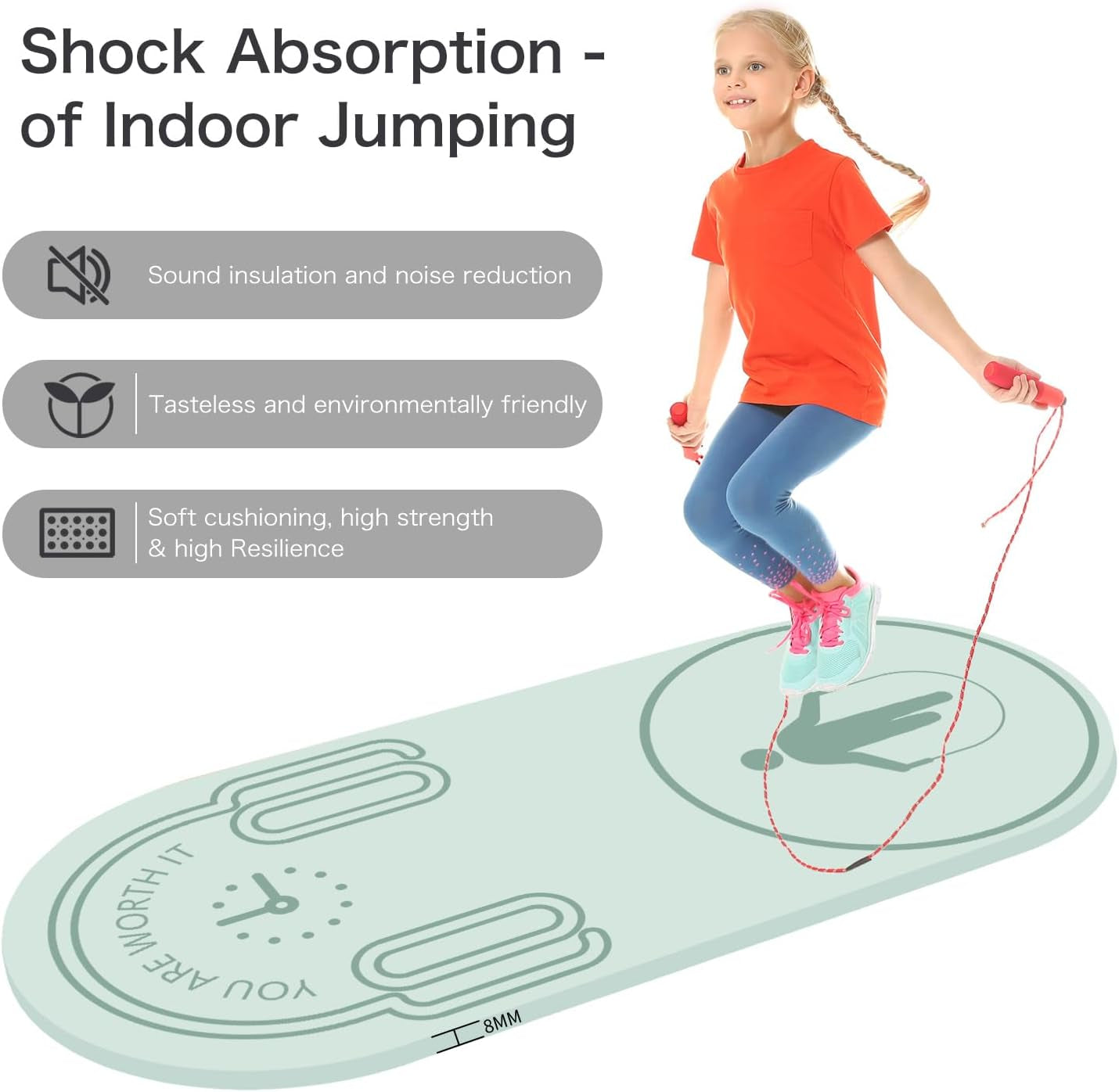 8/20/30Mm Jump Rope Mat Fitness Exercise Mat Durable, Non-Slip, Workout Mats with Jump Rope & Carrying Bag for Home Gym Flooring (55"X 24")