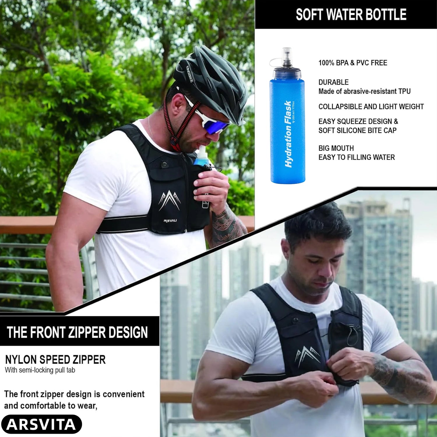 Running Vest, Zip Reflective Running Vests with 500Ml Hydration Bottle, Adjustable Waistband &amp; Breathable Material, Chest Pack Gear Phone Holder for Running, Men &amp; Women