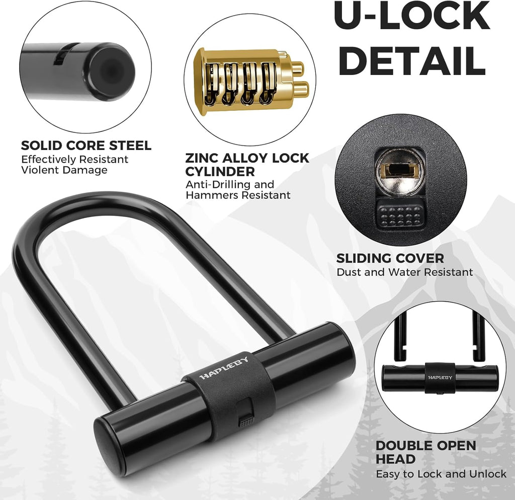 Premium Bike Lock Set with 2 Keys, Bike U-Lock with 6 Feet Thickened Solid Steel Cable, Heavy Duty anti Theft Bicycle U-Lock with Mounting Bracket for Road, Mountain, Folding Bike and Scooter