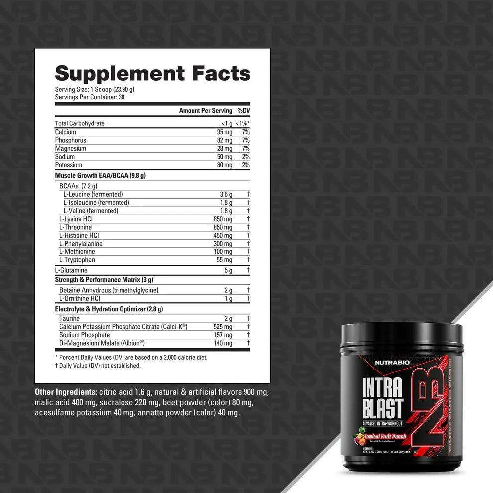 Intra Blast BCAA EAA Electrolyte and Hydration Powder - Amino Acid Supplement, EAA/BCAA Powder - Non-Gmo and Gluten Free - Tropical Fruit Punch - 30 Servings