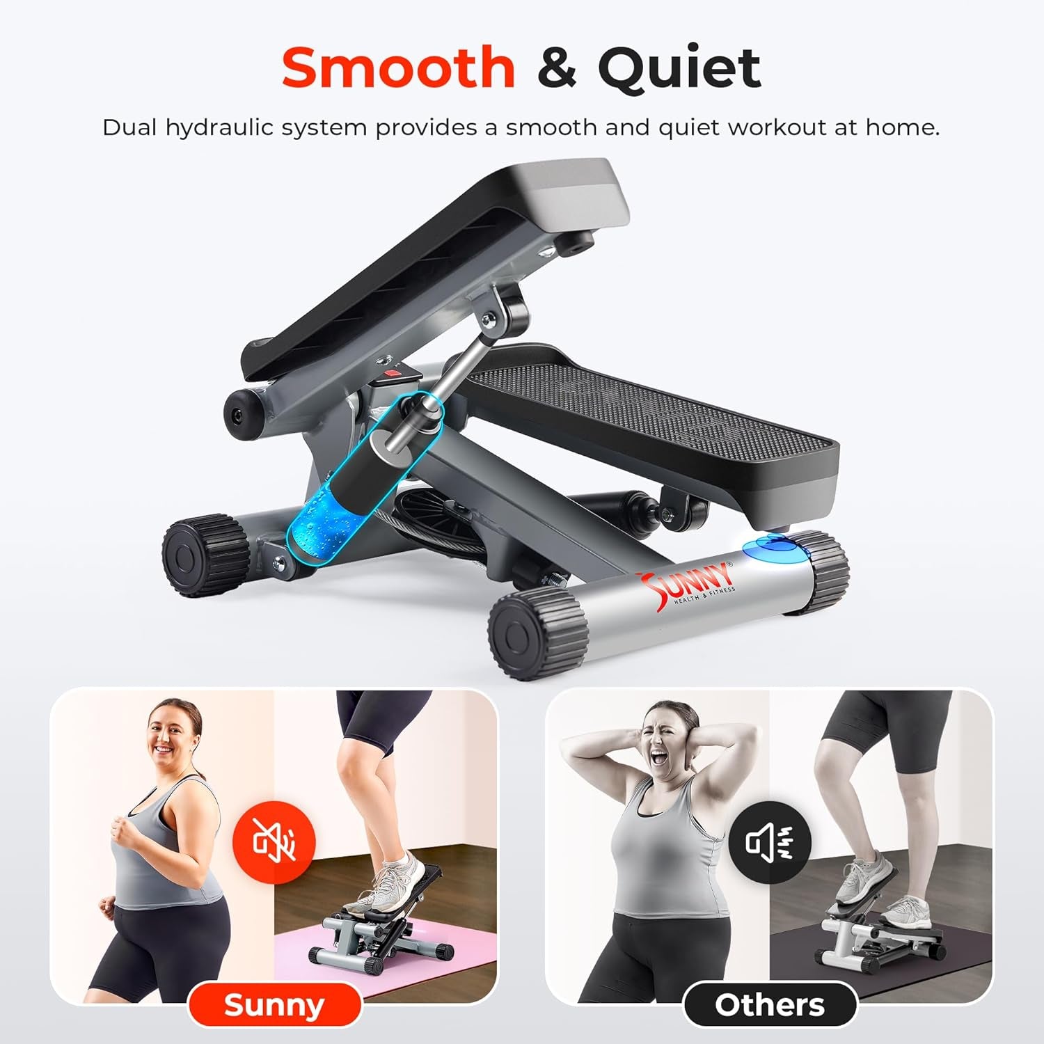 Mini Stair Stepper W/Resistance Bands for Home Gym | Full Body Cardio, Adjustable Step Height, Hydraulic Resistance, LCD Meter, No Assembly, 300 Lb Capacity, Sunnyfit App