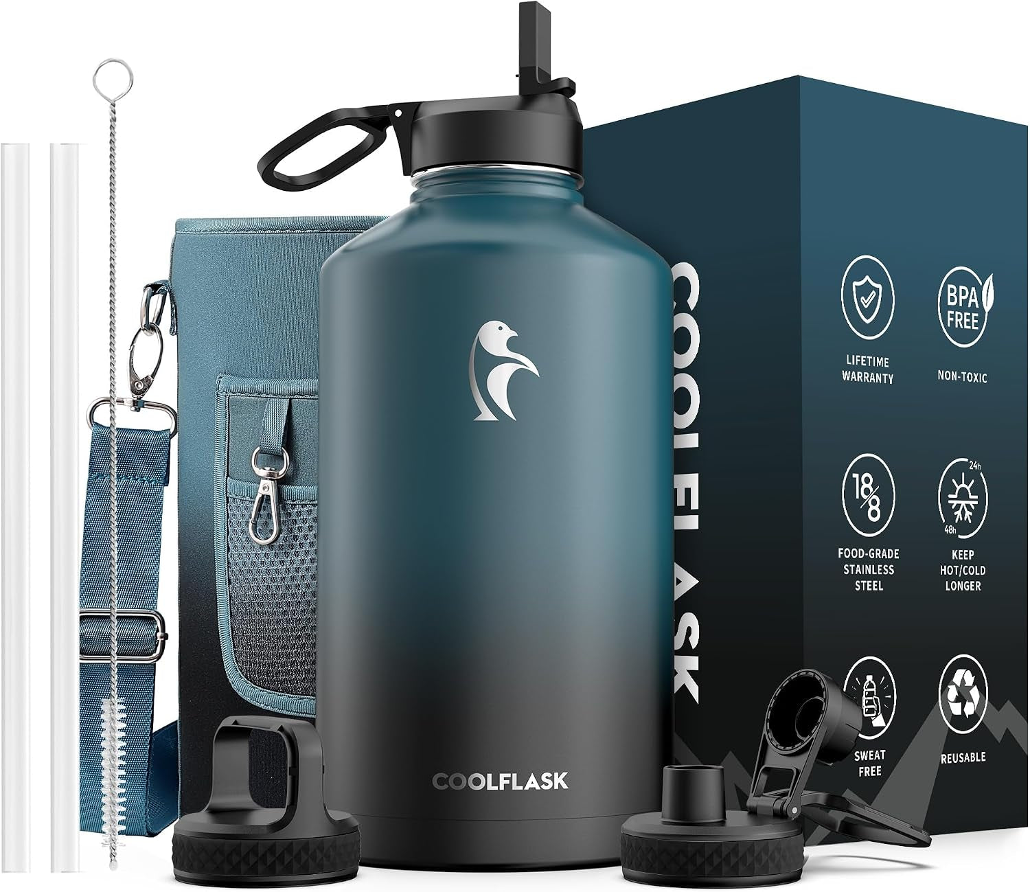 128 Oz Gallon Water Bottle Insulated with Straw & 3 Leakproof Lid | Large Water Jug Stainless Steel Triple-Wall, Cold 48+H/Hot 24+H, Dishwasher Safe, Bpa-Free, for Outdoor Gym & Hiking