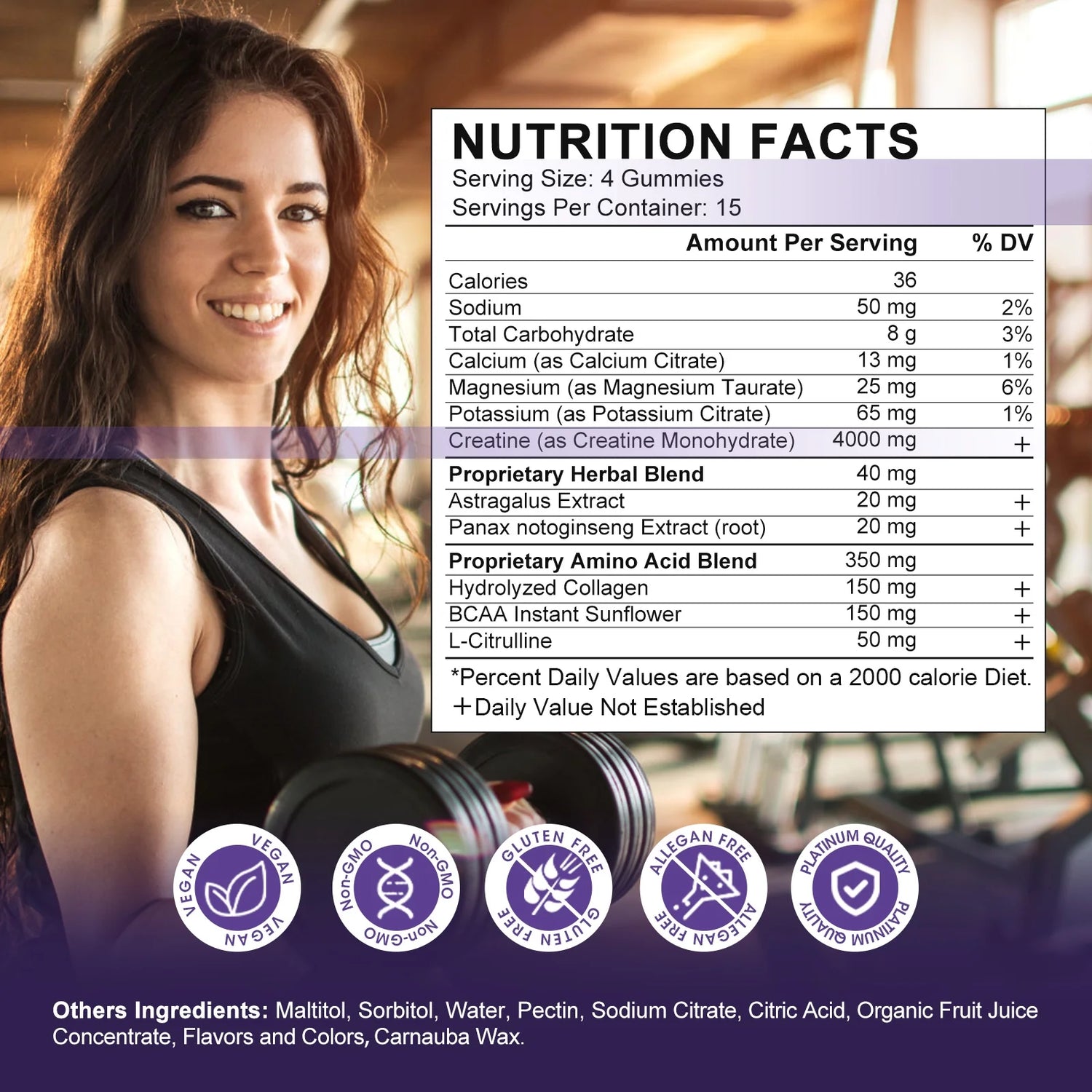 Creatine Monohydrate Gummies for Women &amp; Men, Boost Focus, Strength, and Endurance, Gluten-Free, Non-Gmo, 4 Grams of Creatine per Serving , 60 Gummies