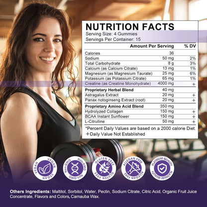 Creatine Monohydrate Gummies for Women &amp; Men, Boost Focus, Strength, and Endurance, Gluten-Free, Non-Gmo, 4 Grams of Creatine per Serving , 60 Gummies