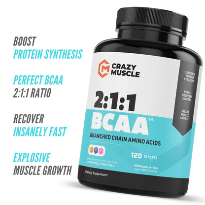 BCAA Pills by : Post-Workout Muscle Recovery + Build Muscle - 120 Tablets