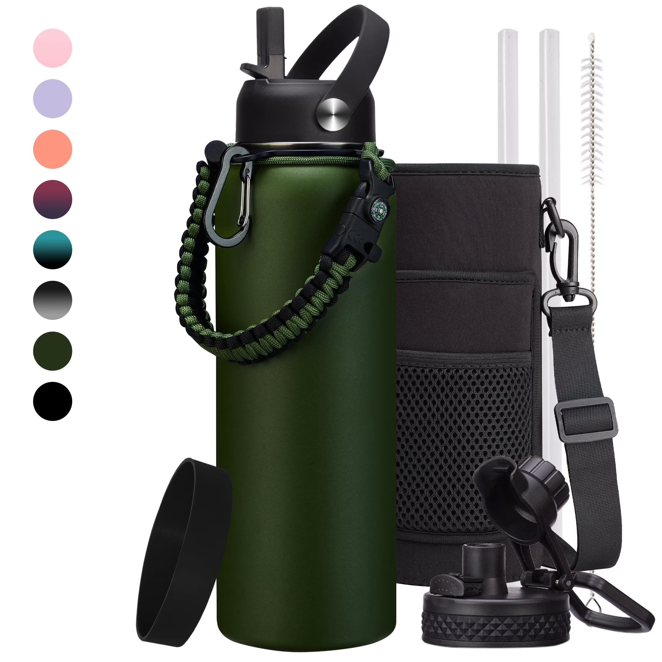 40 OZ Water Bottle with Straw - Auto Spout Lids, Paracord Handle, Carrier Bag, Flask Boot, Wide Mouth Stainless Steel Sports Water Bottles Thermal Water Flask Cold for 48H