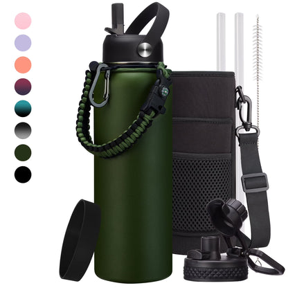 40 OZ Water Bottle with Straw - Auto Spout Lids, Paracord Handle, Carrier Bag, Flask Boot, Wide Mouth Stainless Steel Sports Water Bottles Thermal Water Flask Cold for 48H