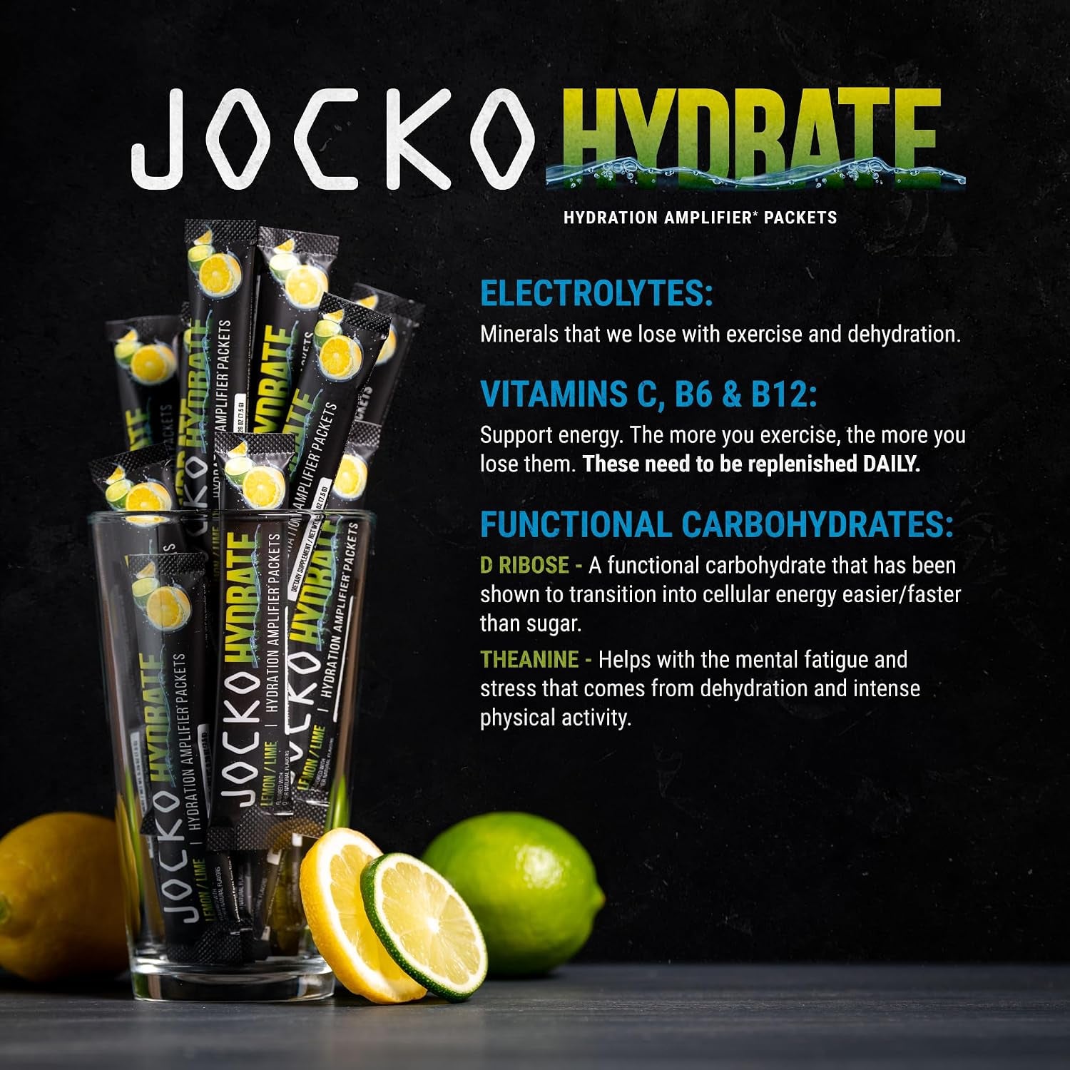 Hydrate Electrolytes Powder Packets Low Sugar - Hydration Amplifier Packets for Recovery, Dehydration, & Exercise - with Vitamins B6, B12 & C (16 Packets) Lemon Lime