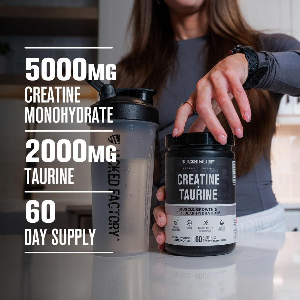 Creatine + Taurine - Creatine Monohydrate 5000Mg with Taurine 2000Mg for Increased Muscle Strength & Cellular Hydration - 60 Servings, Unflavored