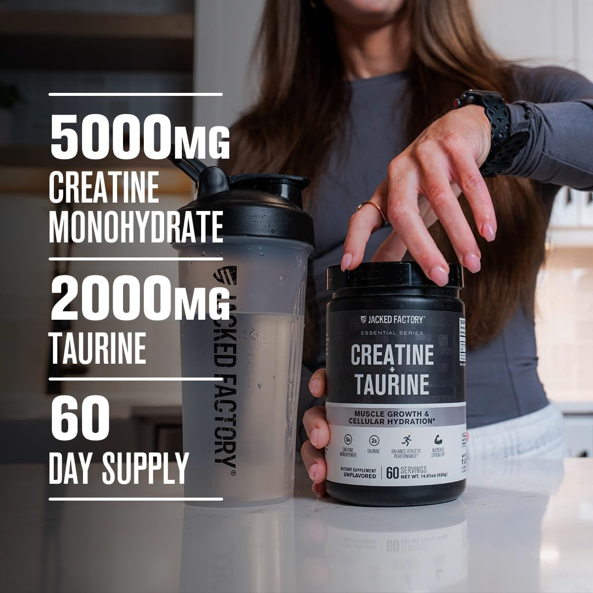Creatine + Taurine - Creatine Monohydrate 5000Mg with Taurine 2000Mg for Increased Muscle Strength & Cellular Hydration - 60 Servings, Unflavored