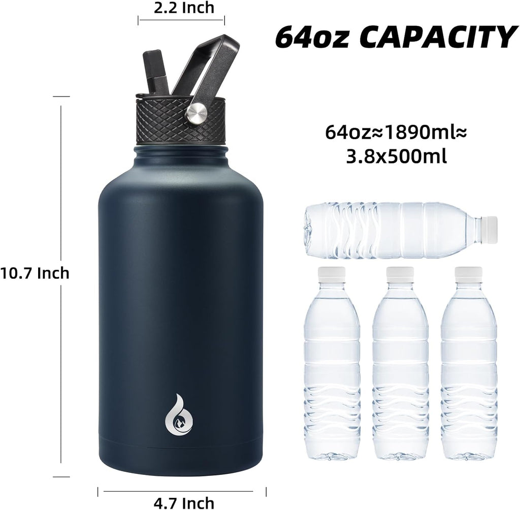 64Oz Insulated Water Bottle, Half Gallon Water Jug with Straw Lid | Large Stainless Steel Vacuum Jug, Keep Cold & Hot, Bpa-Free Leak-Proof with 3 Lids, Paracord Handle, for Sports Hiking Travel