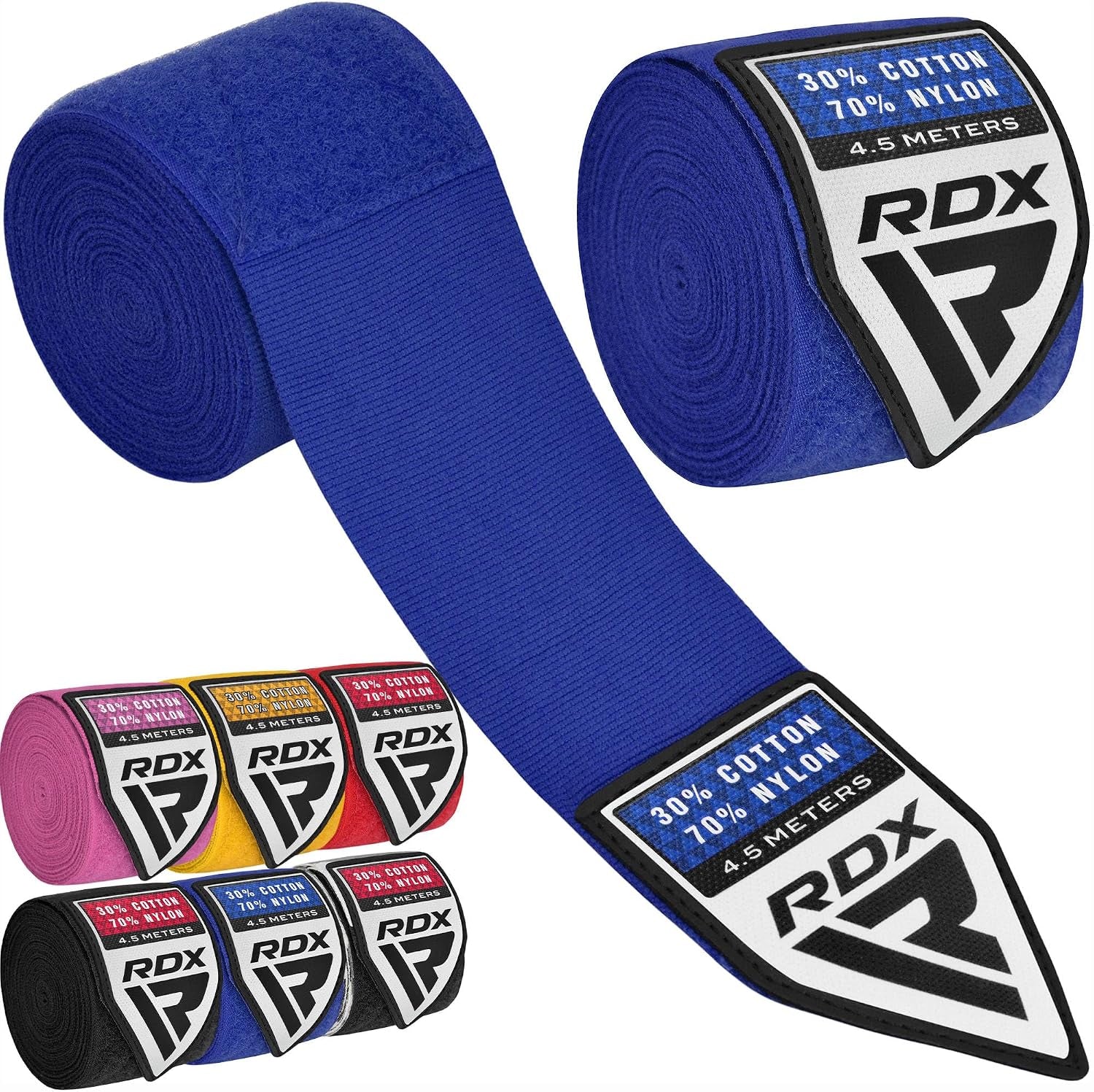 Boxing Hand Wraps 4.5M / 180 Inches – Mexican Style Semi-Elastic MMA Inner Gloves - Wrist Support for Muay Thai, Kickboxing, BJJ, Karate - Thumb Loop & Hook and Loop Closure - Cotton & Nylon Blend