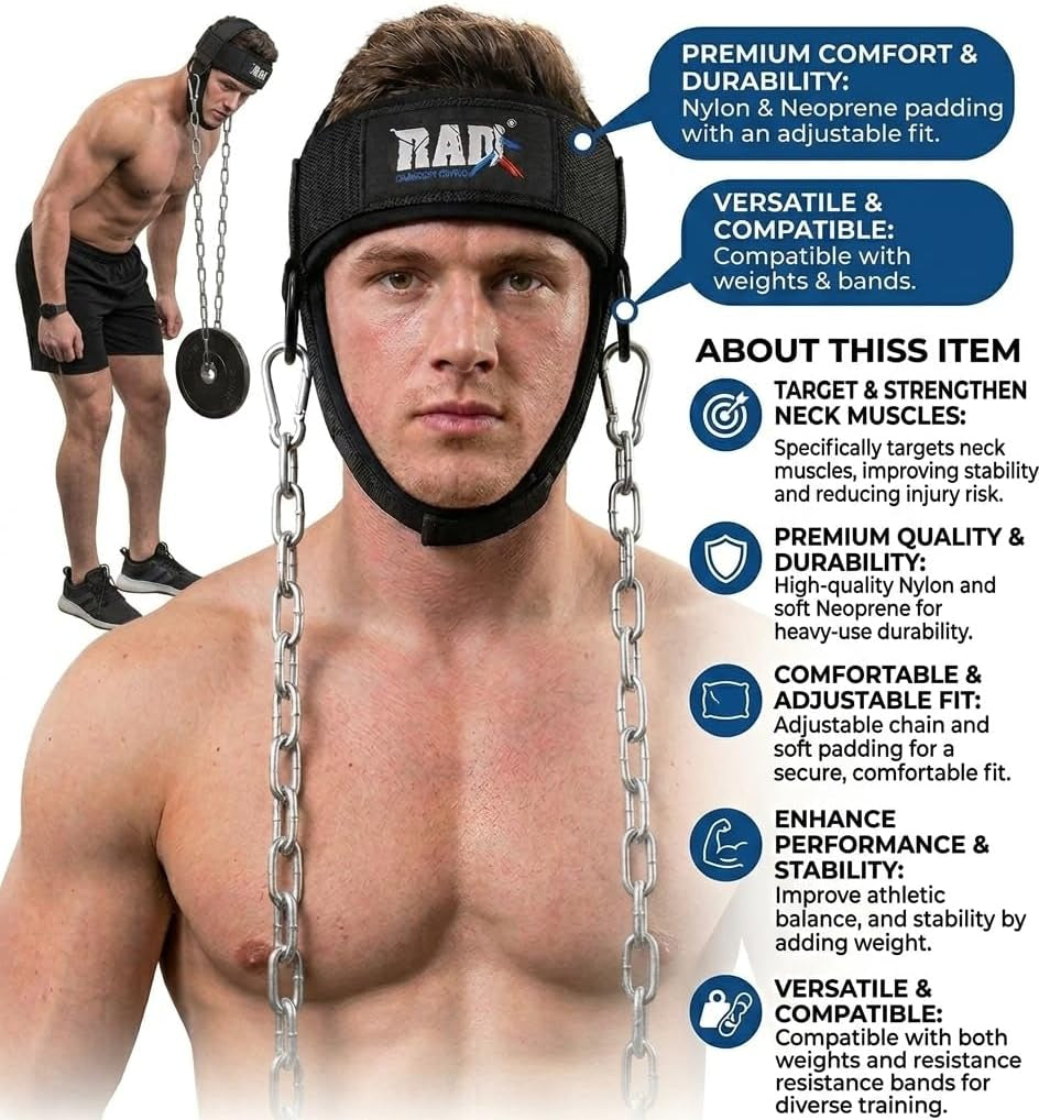 Neck Trainer Adjustable Steel Chain Strength Weight Lifting Harness for Training Head Strenghtener Exerciser Neck Workout Strap Black Belt for Exercise