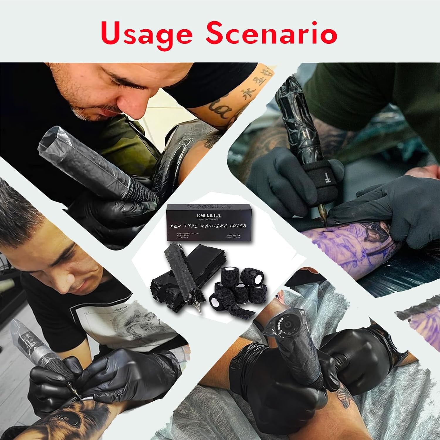 200PCS Pen Covers with 6PCS Grip Tape Tattoo Machien Covers Kit | Machine Wrap Cover Black Pen Bags Sleeves with Black Grip Wrap Self-Adherent Tape Plastic Cover Tattoo Supplies
