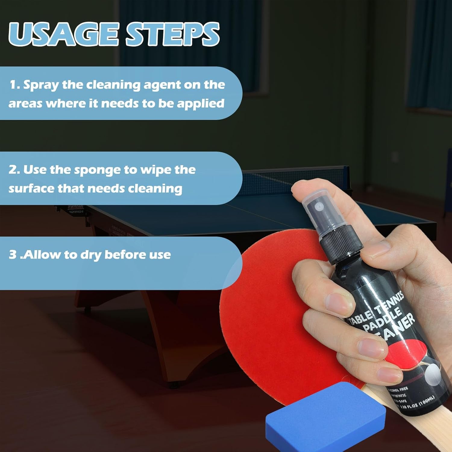 200Ml Table Tennis Paddle Cleaner Spray and Table Tennis Rubber Cleaner Sponge - Strips Impacted Residue and Increases Spin and Control - Transparent | 2 Sprays & Sponge, Cleans Dirt & Grease, Extends Rubber Life, Increases Spin and Control,Simple Application,Ideal for Players