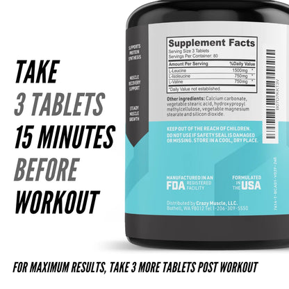 BCAA Pills by : Post-Workout Muscle Recovery + Build Muscle - 120 Tablets