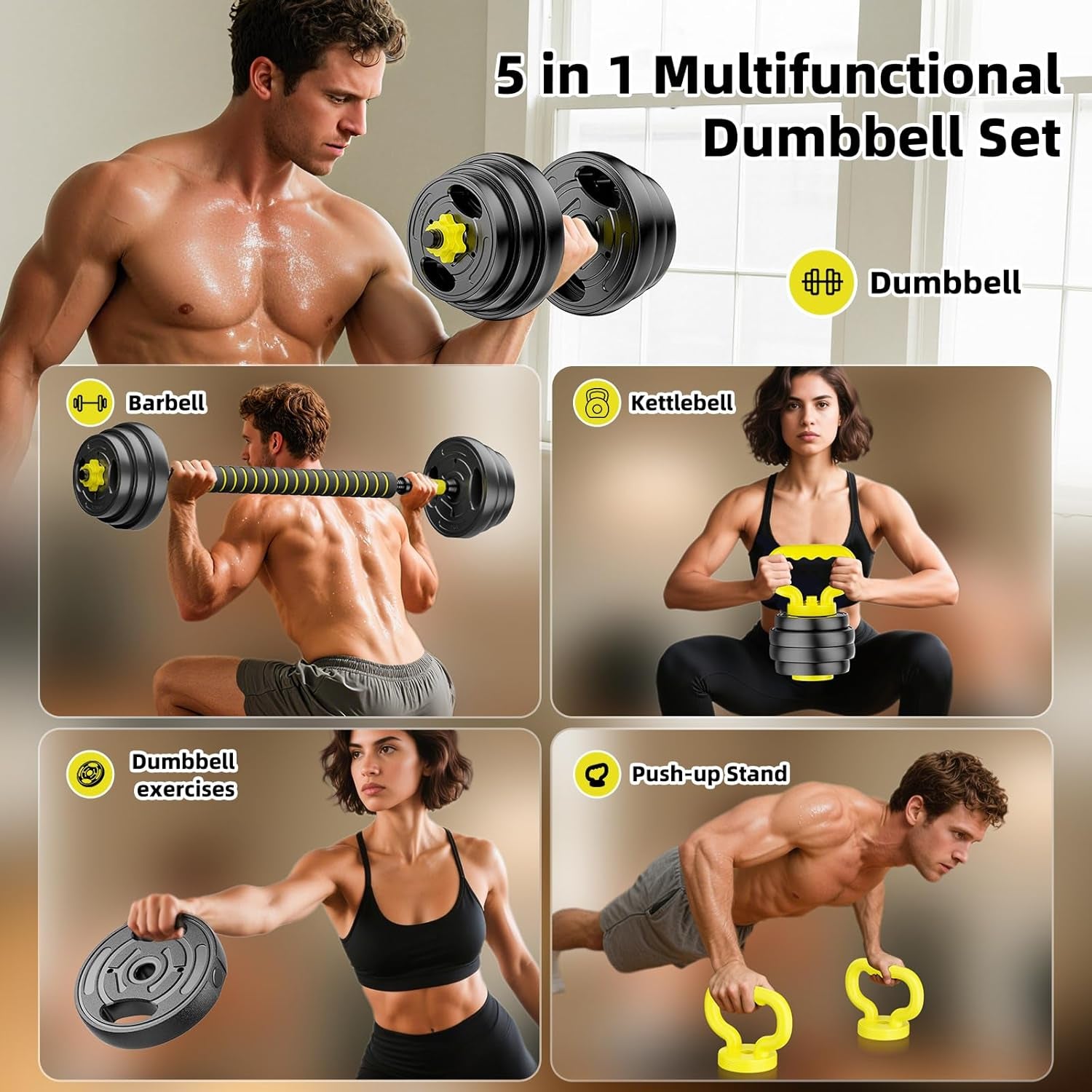 Adjustable Dumbbell Set, 10-90Lbs Free Weights with Connector – 4 in 1 Dumbbells, Barbell, Kettlebell & Push up Stand, Adjustable Weights Set for Home Gym Fitness Equipment for Men & Women
