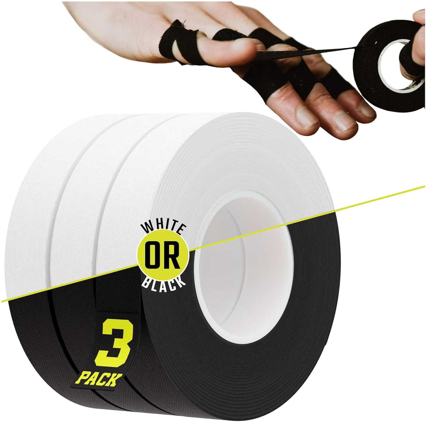 Finger Tape 2, 3, 6 or 12 Pack Black or White | Residue Free Skin Friendly Strong Athletic Sports Tapes | 0.5” X 45 Ft for BJJ Jiu Jitsu Grappling MMA Knob Tape Weight (Black, 3 Pack)