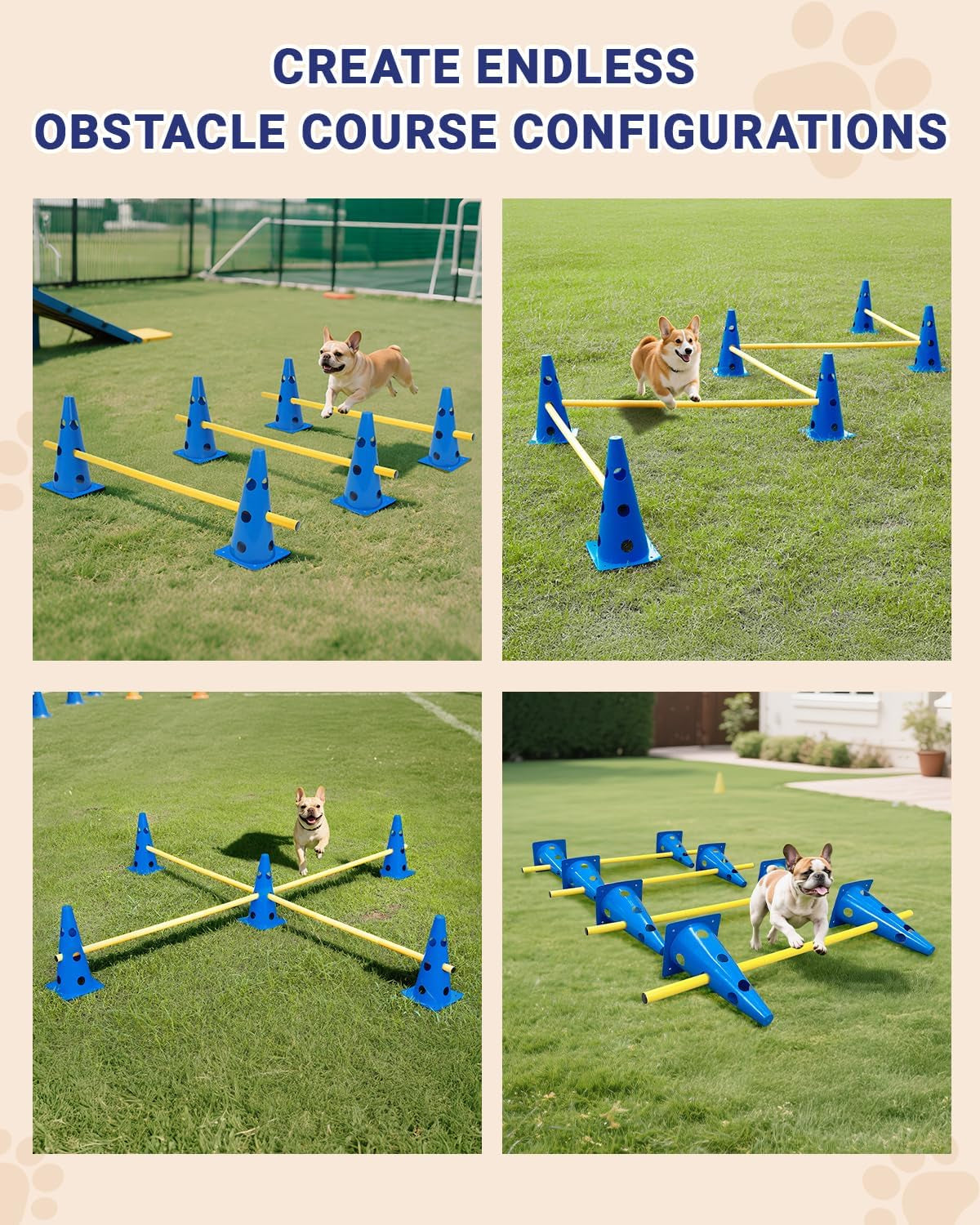 Dog Agility Course Backyard Set, Dog Agility Hurdle Cone Set with Height Adjustable Crossbar for Rehabilitation & Beginners, Dog Agility Equipment for Dog Obstacle Course - 12 Inch