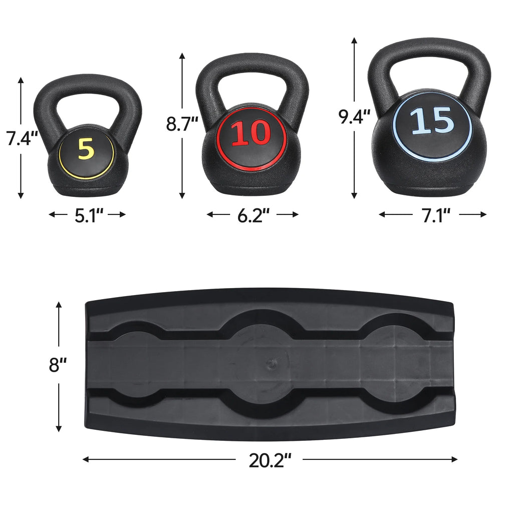 3 Piece Kettlebell Set - 5Lb 10Lb 15Lb Workout Fitness Weight Set W/ Storage Rack