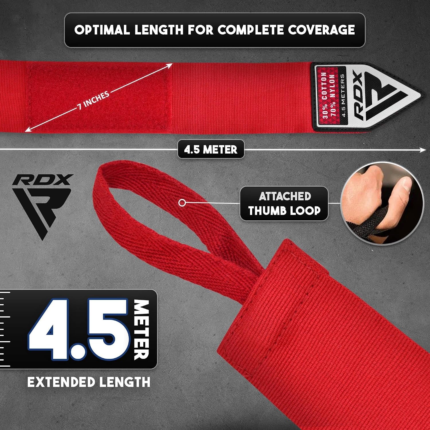 Boxing Hand Wraps 4.5M / 180 Inches – Mexican Style Semi-Elastic MMA Inner Gloves - Wrist Support for Muay Thai, Kickboxing, BJJ, Karate - Thumb Loop & Hook and Loop Closure - Cotton & Nylon Blend
