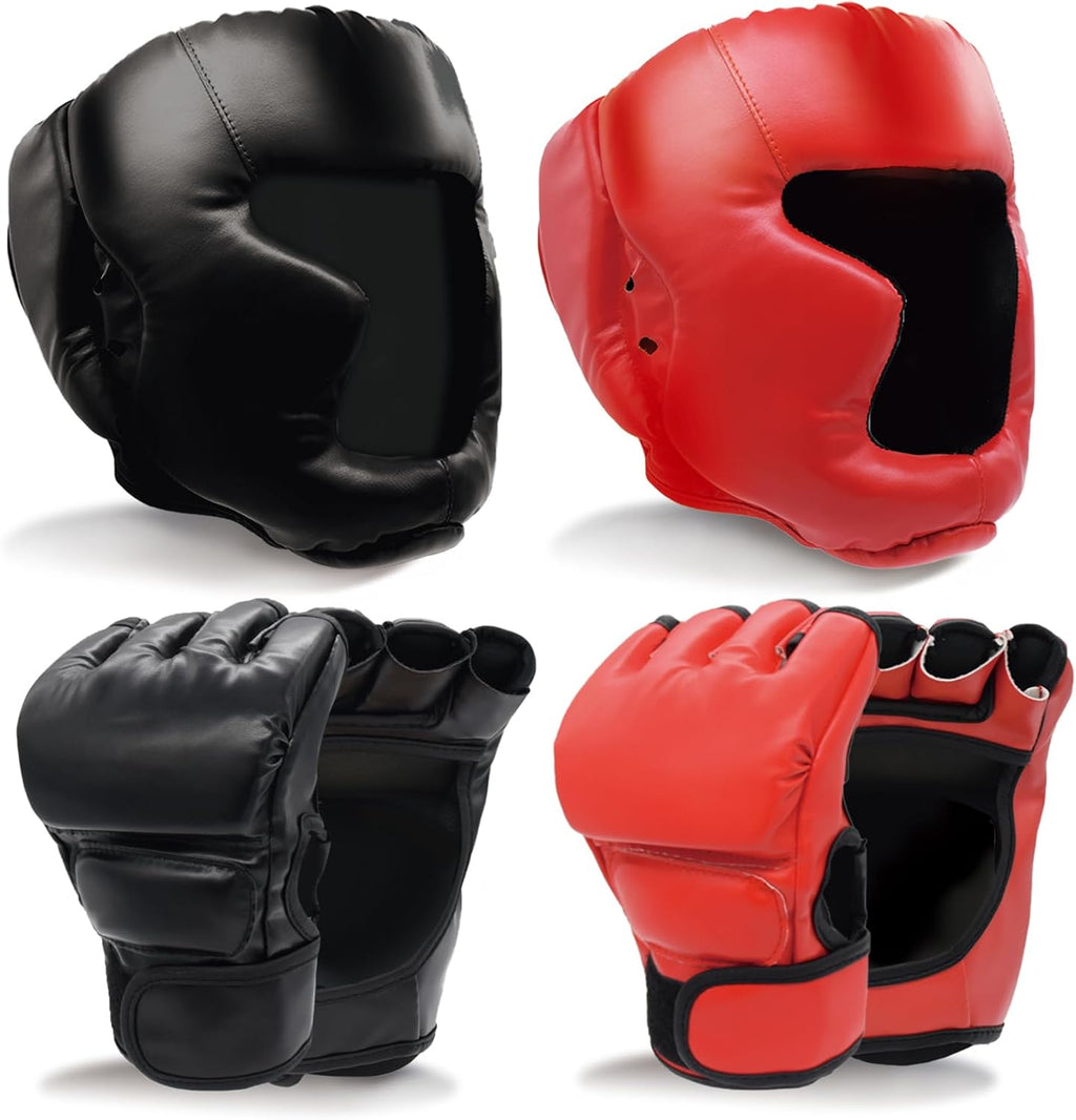 Boxing Gloves and Headgear Set for Adults 2 Pair Gloves and 2 Head Guards | Adult Sparring Gear Set with Open-Palm Gloves and Padded Headgear for Boxing, MMA, Kickboxing and Muay Thai Training.