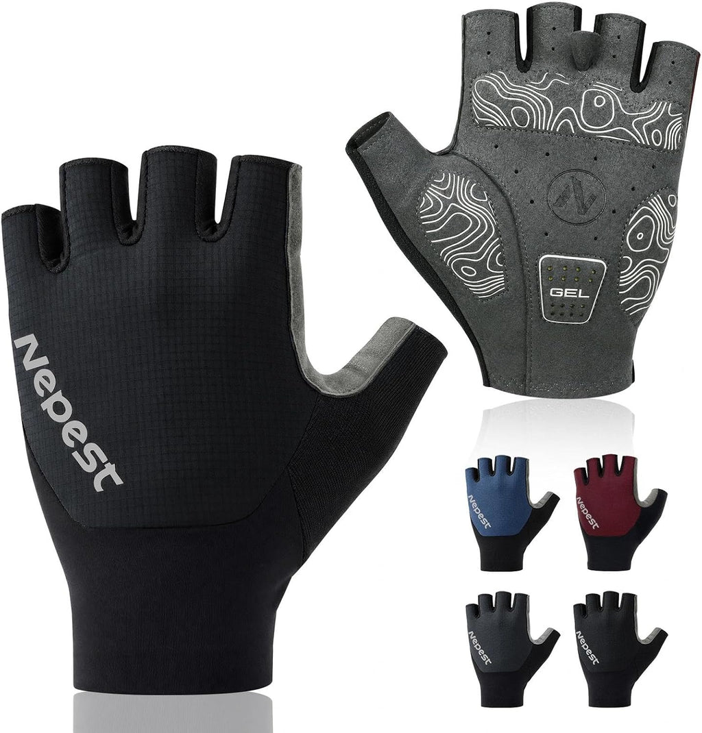 Road Cycling Gloves for Men Women Padded Absorbing Fingerless Biking | Bicycle Glove, Lightweight, Anti-Slip Silicone Pattern, Shock-Absorbing, Pull Tabs Design, Easy to Take Off, Moisture Wicking