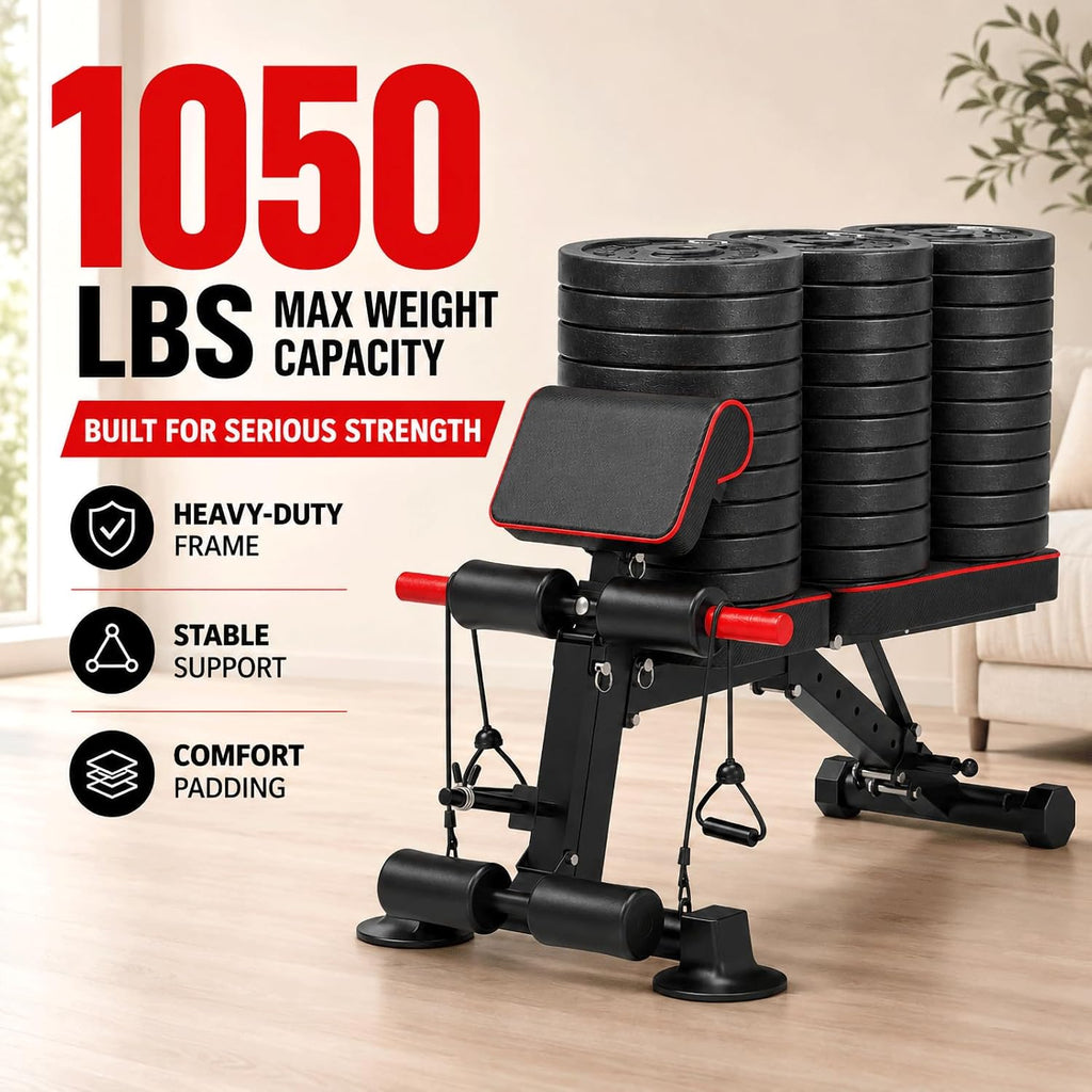 Adjustable Weight Bench for Home Gym Full Body Strength Training | Load 1050Lbs|8+3 Angle Positions|High-Density Cushion|Commercial Steel Frame|Assembly Free | Foldable | Space Saving