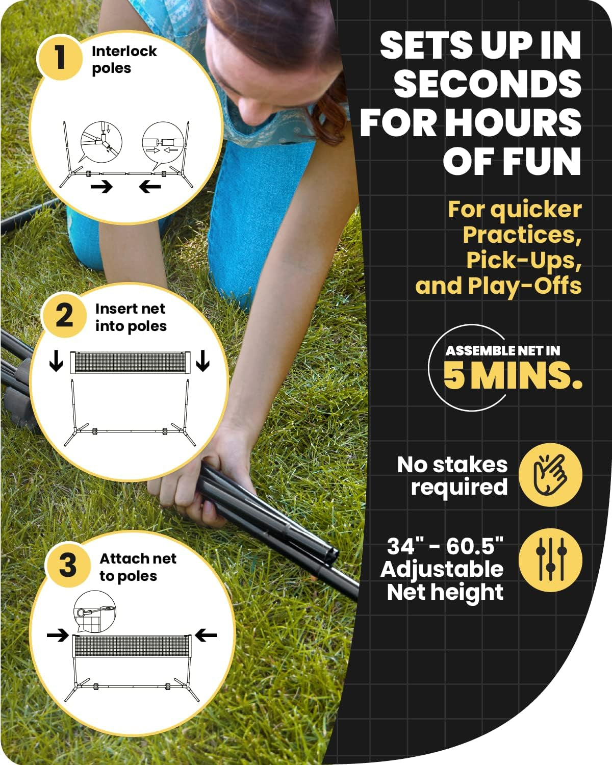 Portable Badminton Pickleball Net - Foldable/Extendable Poles for Multiple Sports Heights (UP to 5 Ft) - Ideal for Tennis, Pickleball, Soccer Tennis - Easy Setup