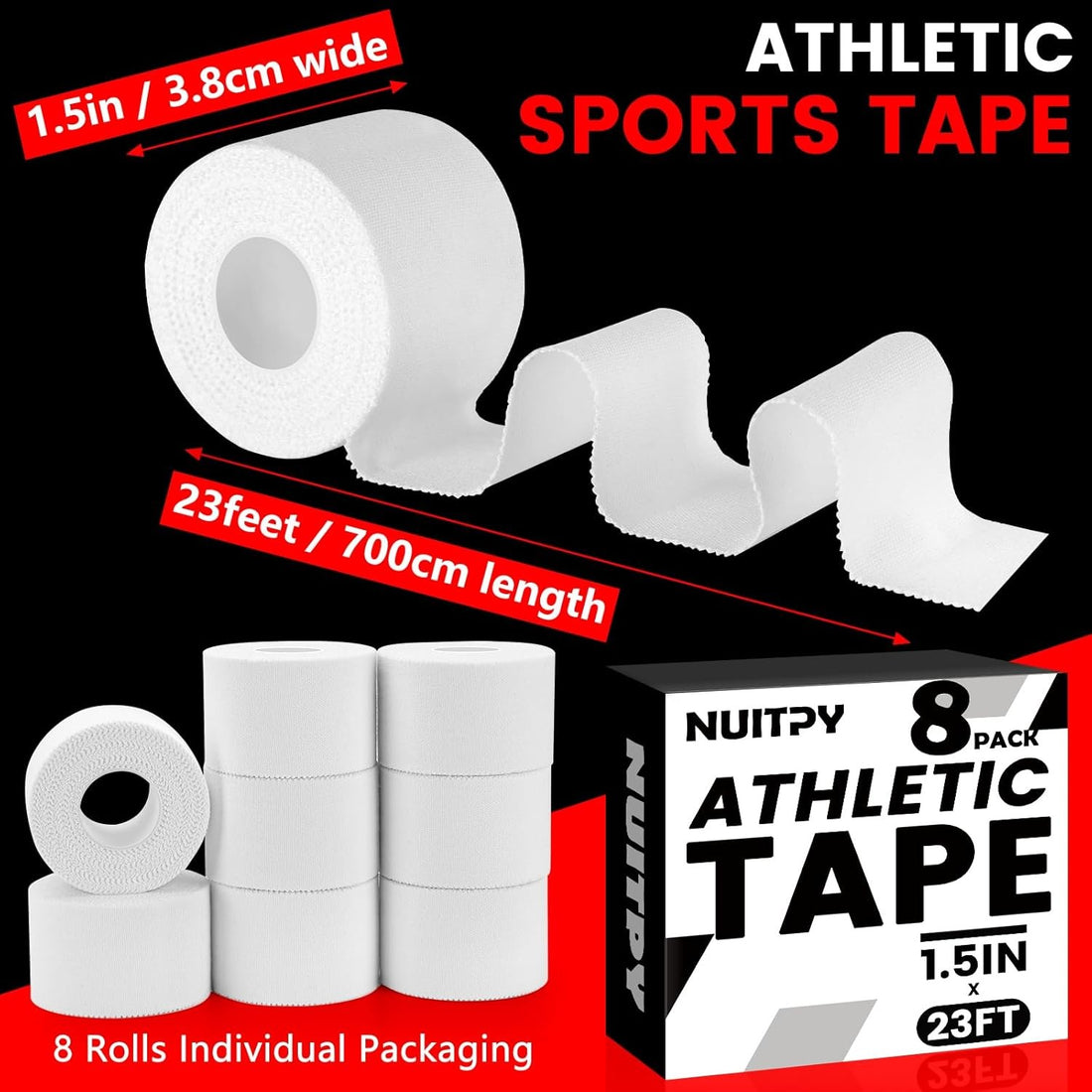 8 Pack White Athletic Sports Tape, Easy Tear Wrist Tape for Boxing &amp; Gymnastics