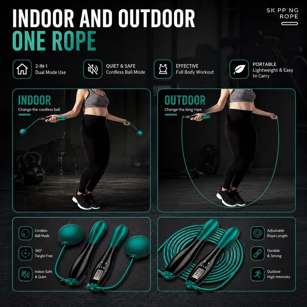 Cordless Jump Rope with Counter & LCD Display – 2-In-1 Weighted Ball Skipping Rope & Adjustable Steel Cable – Tangle-Free Speed Jump Rope for Women, Men & Kids – Home Gym Cardio Fitness Equipment