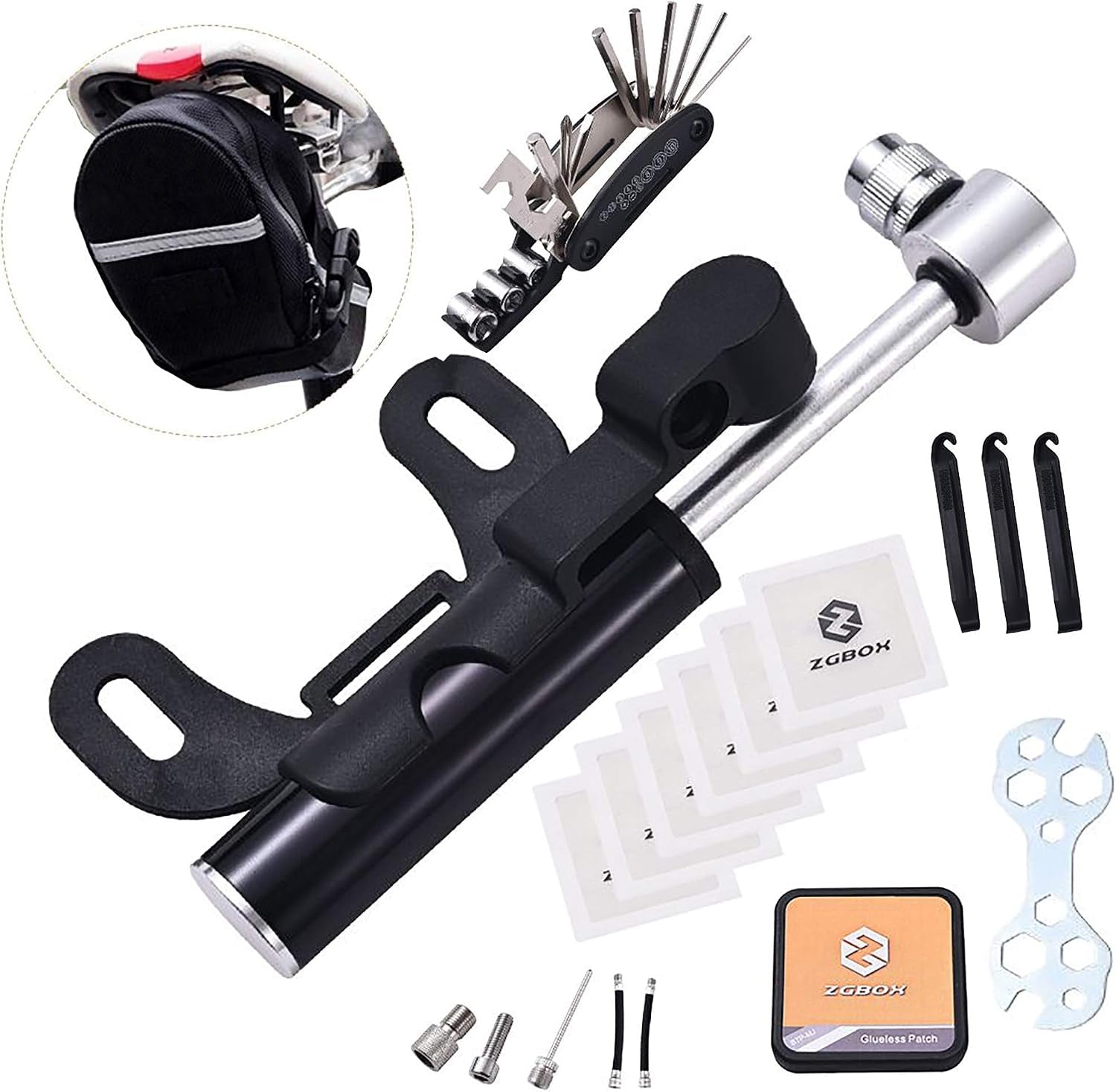 Multi-Function Bike Bicycle Cycling Mechanic Repair Tool Kits with 16-In-1, Bicycle Saddle Bag, Mini Bike Pump 120 PSI & Glue-Less Puncture Kit, Mechanic Portable Tools Bag with All in One