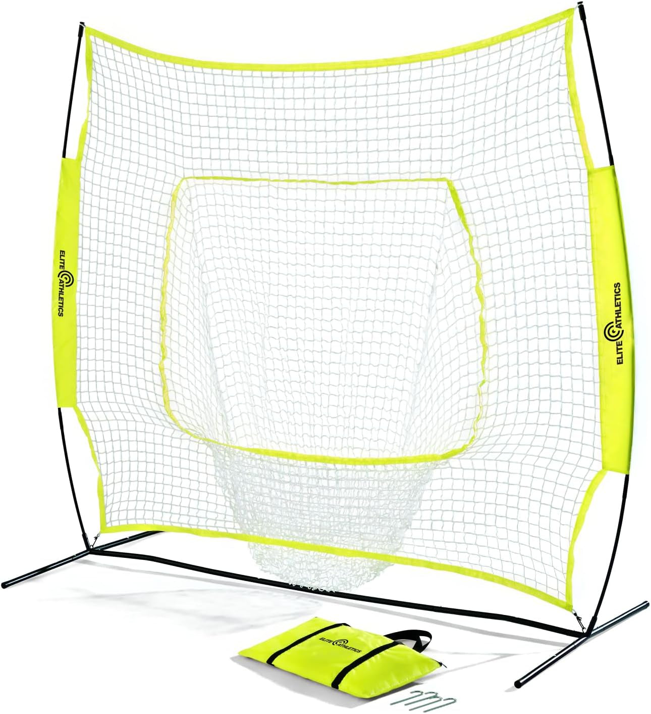 7X7 Ft Baseball and Softball Practice Net with Bow Frame | Includes Strike Zone Target and Carry Case. Bow Frame Sets up Fast for Hitting and Pitching Practice in the Yard or Field.