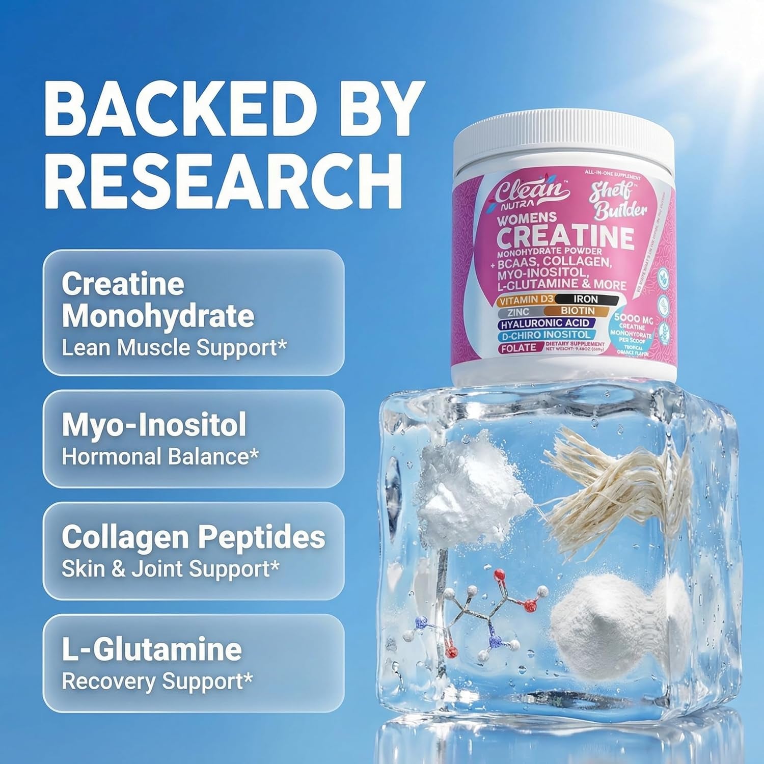 Creatine for Women | Creatine Monohydrate + BCAA Powder Myo-Inositol Collagen Biotin Hyaluronic Acid Folate L Glutamine Vitamin D3 Iron Zinc D-Chiro-Maca Digestion Shelf Builder by Clean Nutra