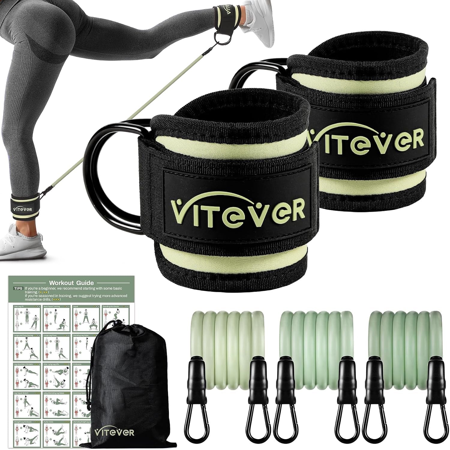 Ankle Resistance Bands with Cuffs for Women, Leg Glute and Booty Workout Equipment for Home Gym, Pilates Equipment, Ankle Weights with Green Resistance Bands for Kickbacks Hip Fitness Training