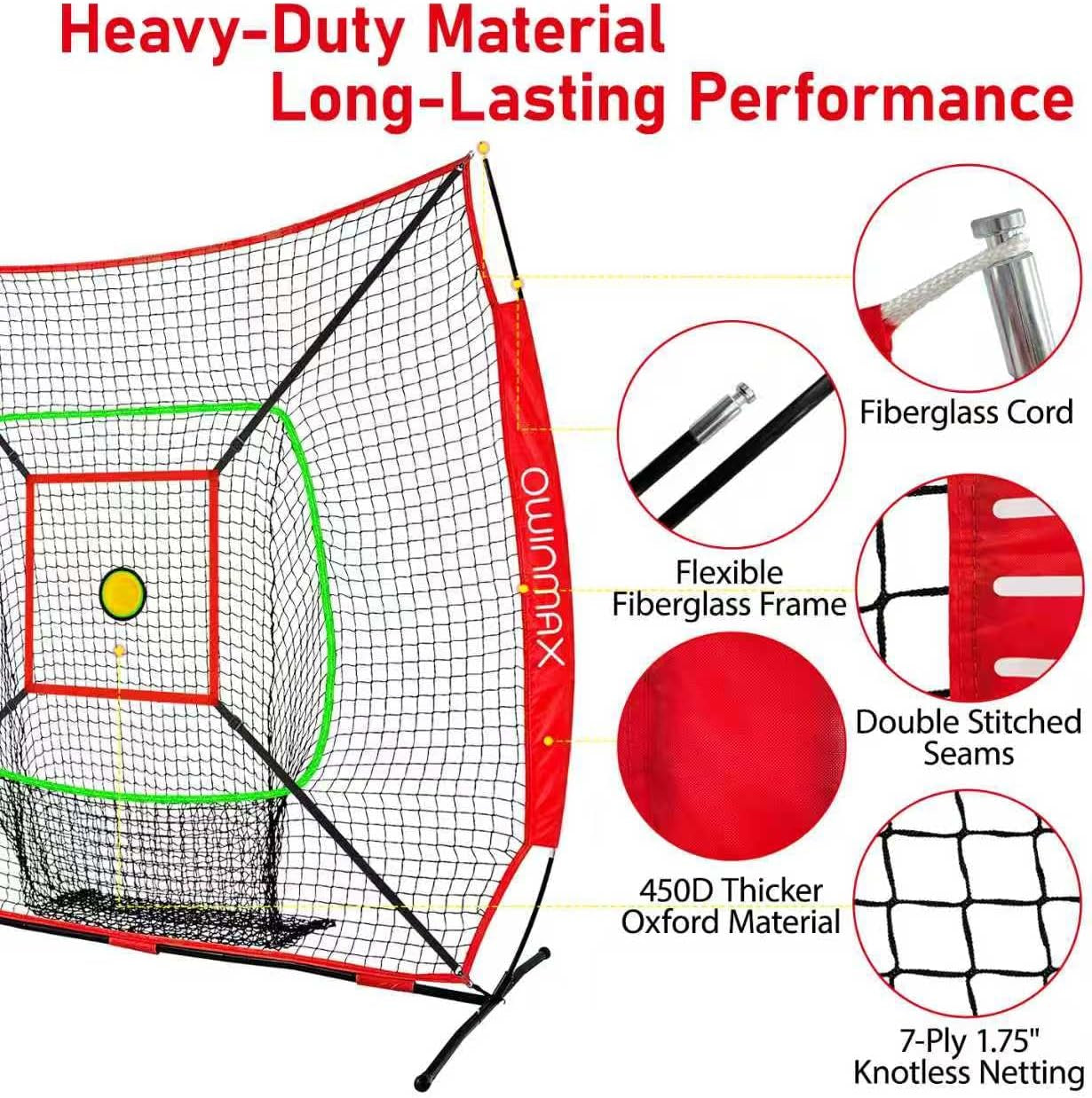 7X7 FT Baseball Net, Baseball & Softball Training Net with Batting Tee, Strike Zone & Circular Target and Weighted Ball, Portable Design with Compact Storage