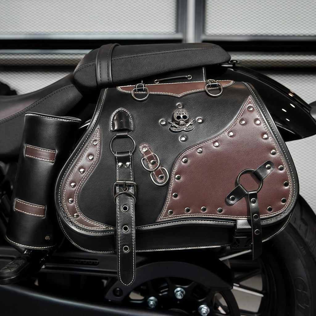 Motorcycle Saddlebags, 30L Leather Waterproof Side Saddle Bags with Cup Holder, Universal Powersports Saddlebags for Harley Davidson Sportster Dyna Softail Honda Shadow Rebel Yamaha Kawasaki Vulcan