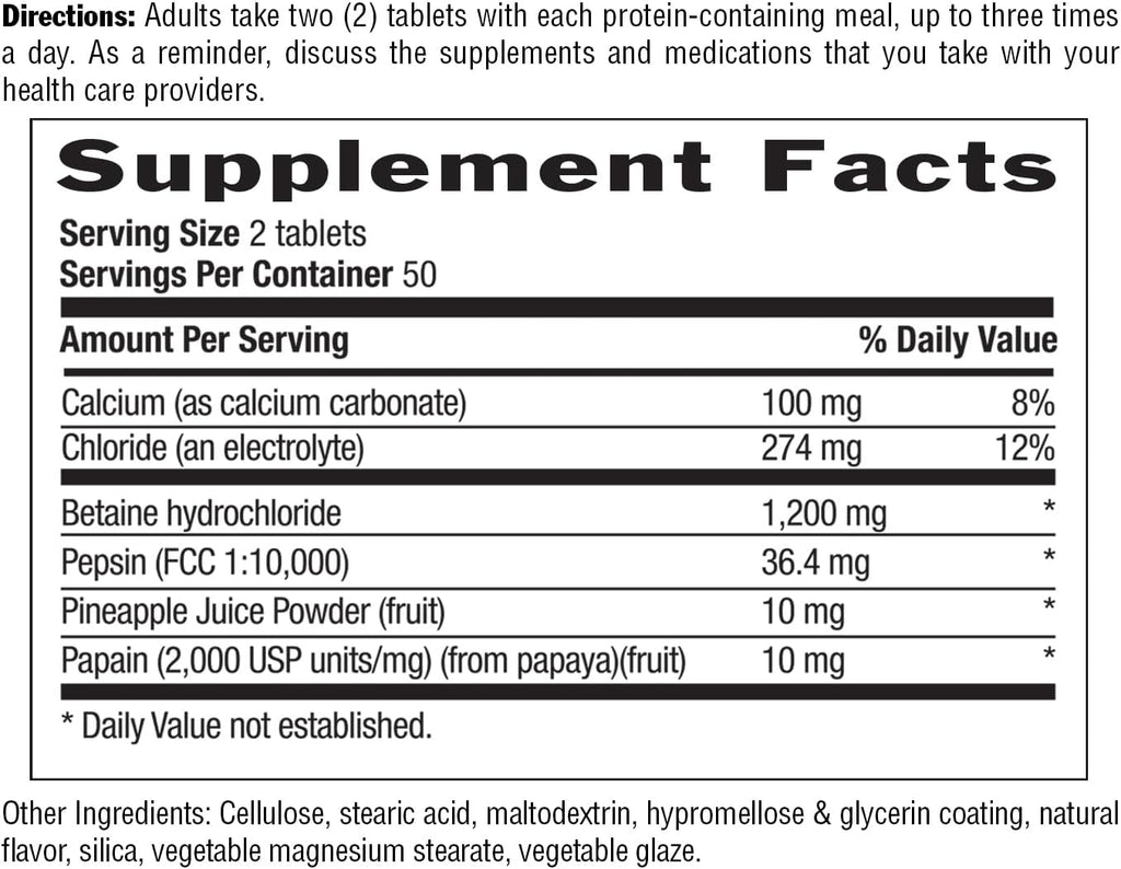 Betaine Hydrochloride with Pepsin, 600Mg, 100 Tablets, Certified Gluten Free | Supports Digestive Health with Pepsin Enzyme Blend; Free from Wheat, Soy, Yeast and Preservatives