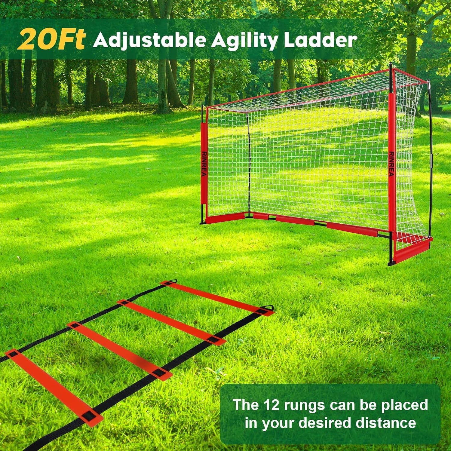 Portable Soccer Goal, Soccer Nets for Backyard with Agility Ladder | 12X6Ft/14X7Ft, Quick Setup & Disassemble, Stability & Durability, Team & Goalie Training, Carry Bag, Ground Nails