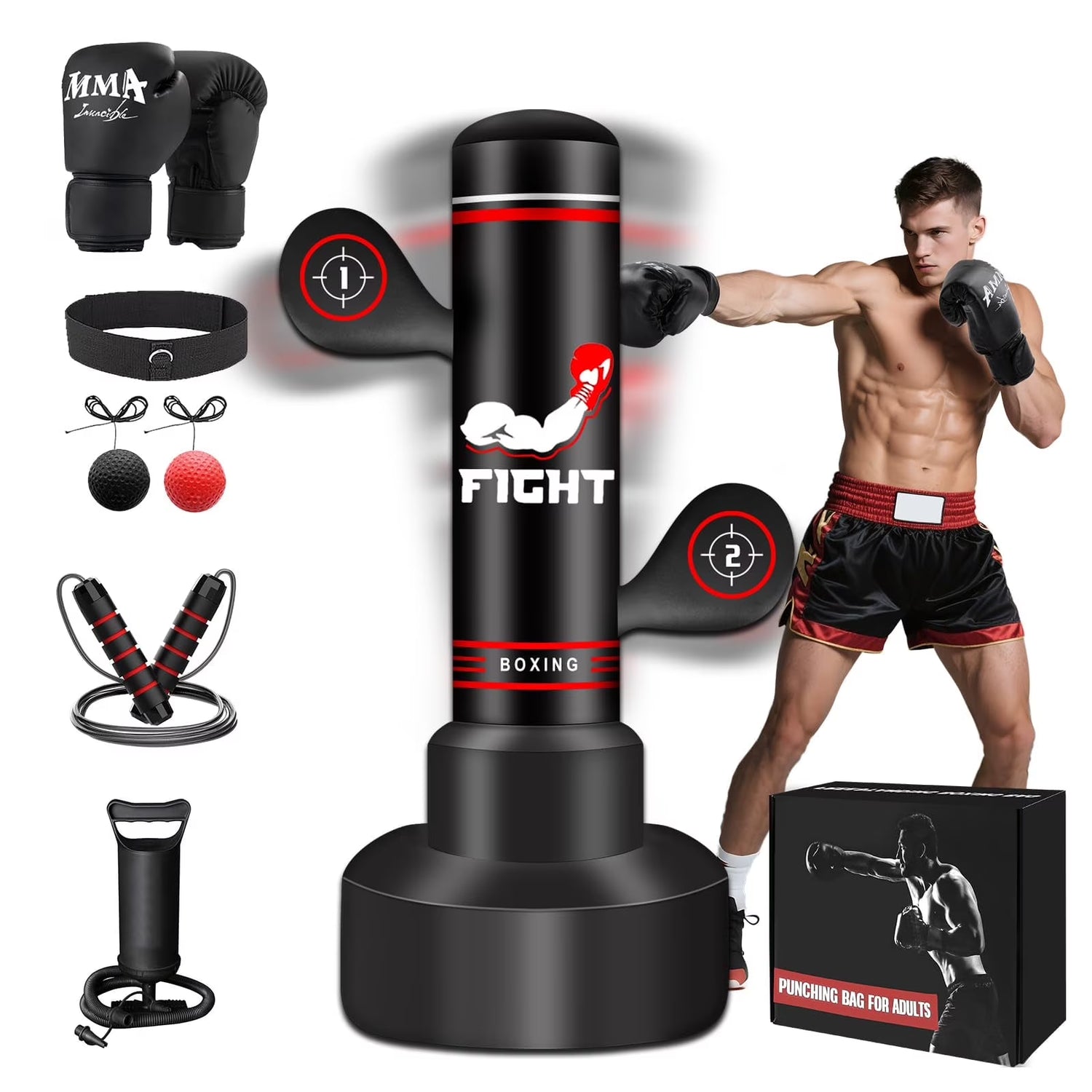 Heavy Punching Bag for Adults Teens, Heavy Bags for Boxing Freestanding with Gloves, Pump and Jump Rope, Boxing Reflex Ball for Men Training Equipment MMA Fitness Home Gym