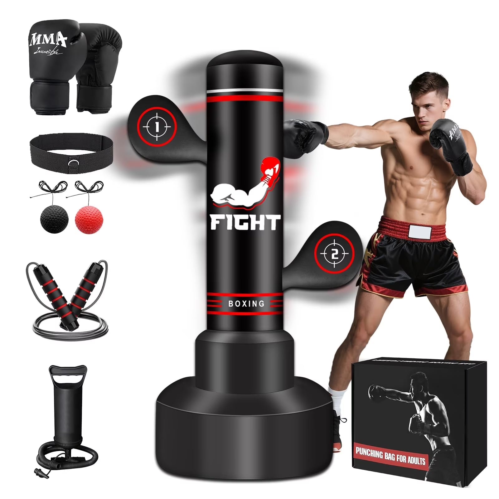 Heavy Punching Bag for Adults Teens, Heavy Bags for Boxing Freestanding with Gloves, Pump and Jump Rope, Boxing Reflex Ball for Men Training Equipment MMA Fitness Home Gym